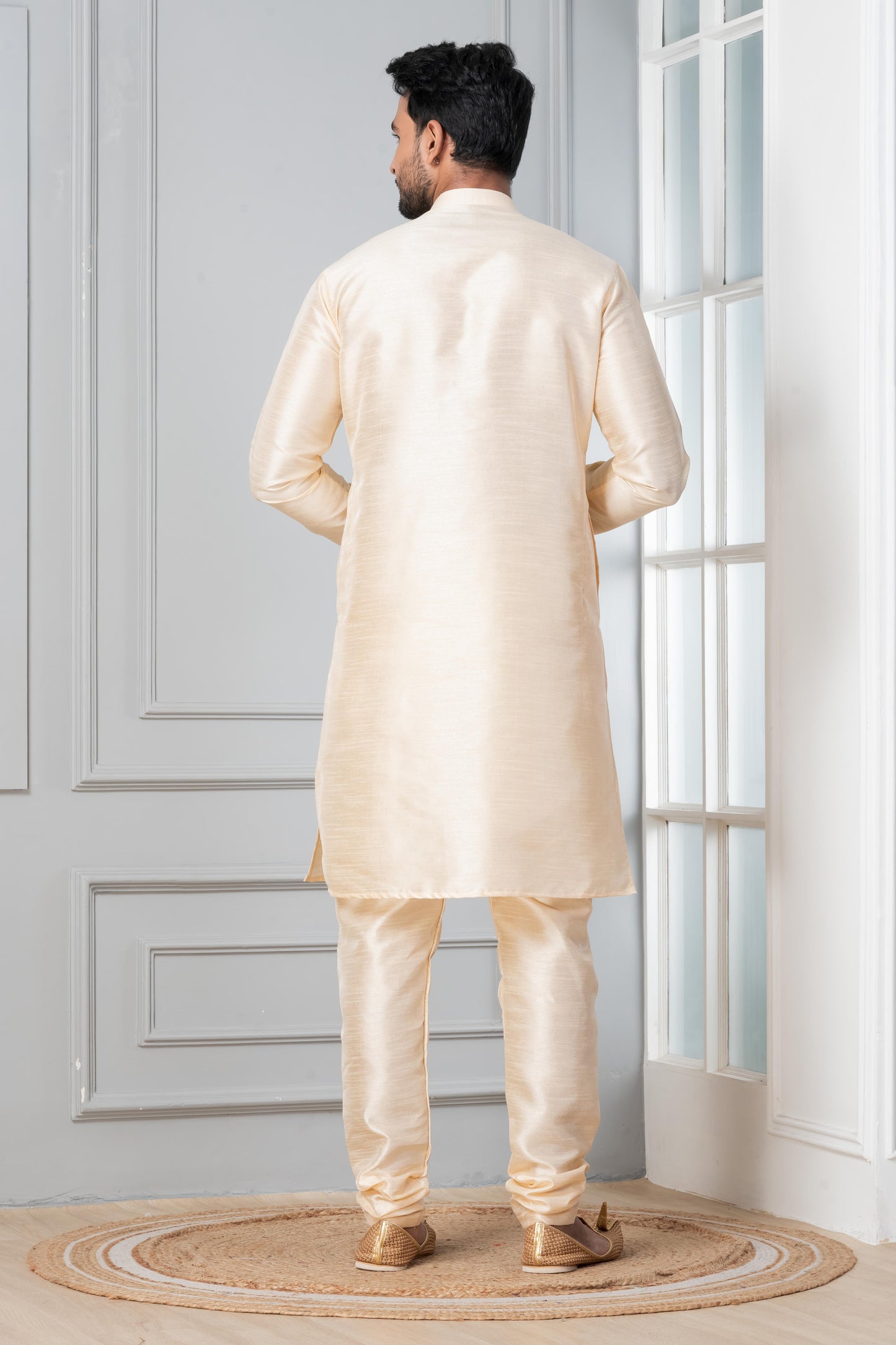 Zavaya Beige Plain Dupion Silk Kurta Churidar Set