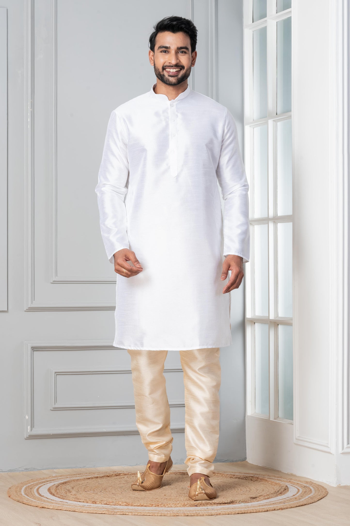 Zavaya Men White Solid Banarasi Silk Kurta Churidar Set