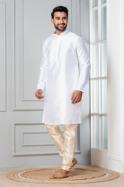 Zavaya Men White Solid Banarasi Silk Kurta Churidar Set
