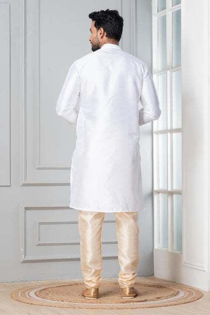 Zavaya Men White Solid Banarasi Silk Kurta Churidar Set