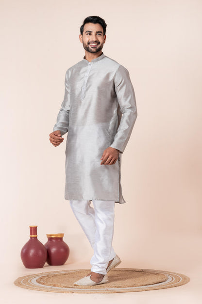 Zavaya Men Grey Solid Banarasi Silk Kurta Churidar Set