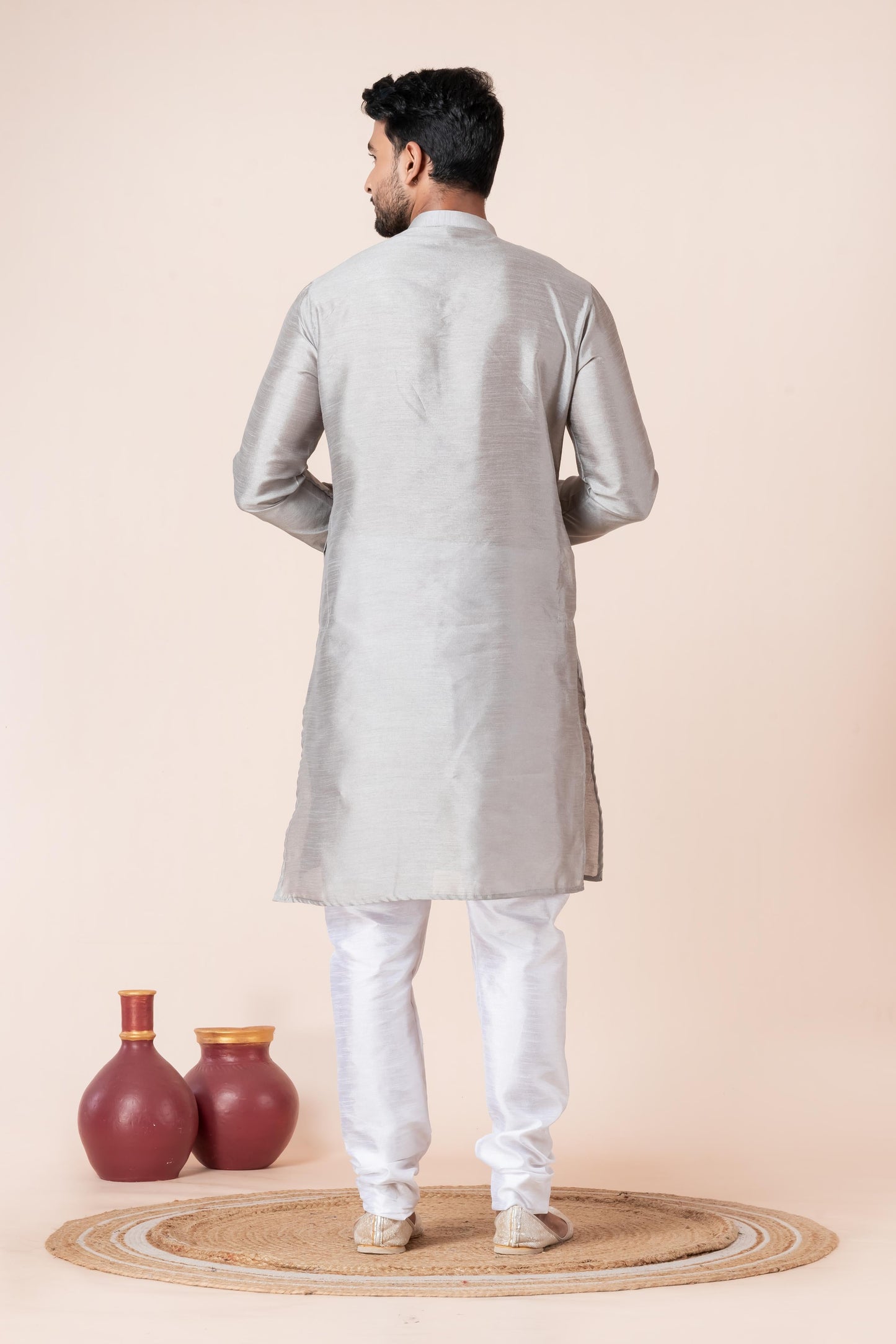 Zavaya Men Grey Solid Banarasi Silk Kurta Churidar Set
