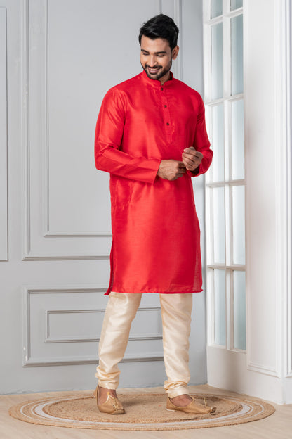 Zavaya Men Red Solid Banarasi Silk Kurta Churidar Set