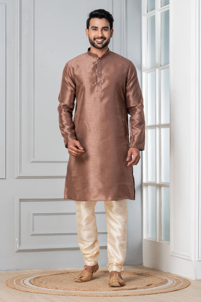 Zavaya Men Brown Solid Banarasi Silk Kurta Churidar Set