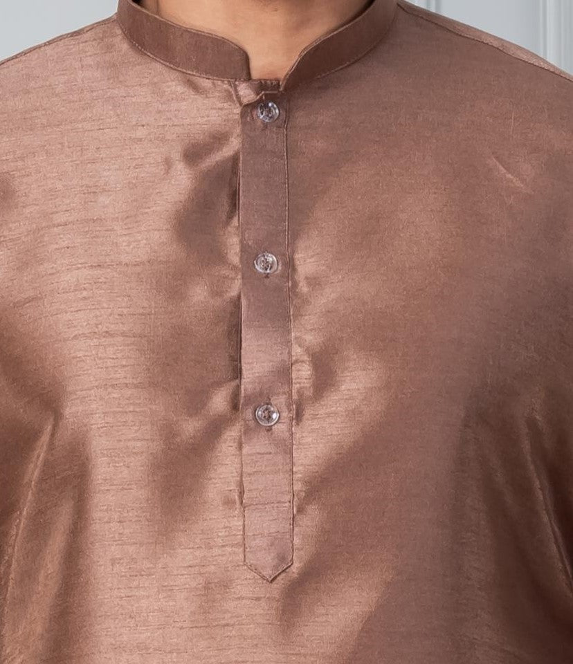 Zavaya Men Brown Solid Banarasi Silk Kurta Churidar Set