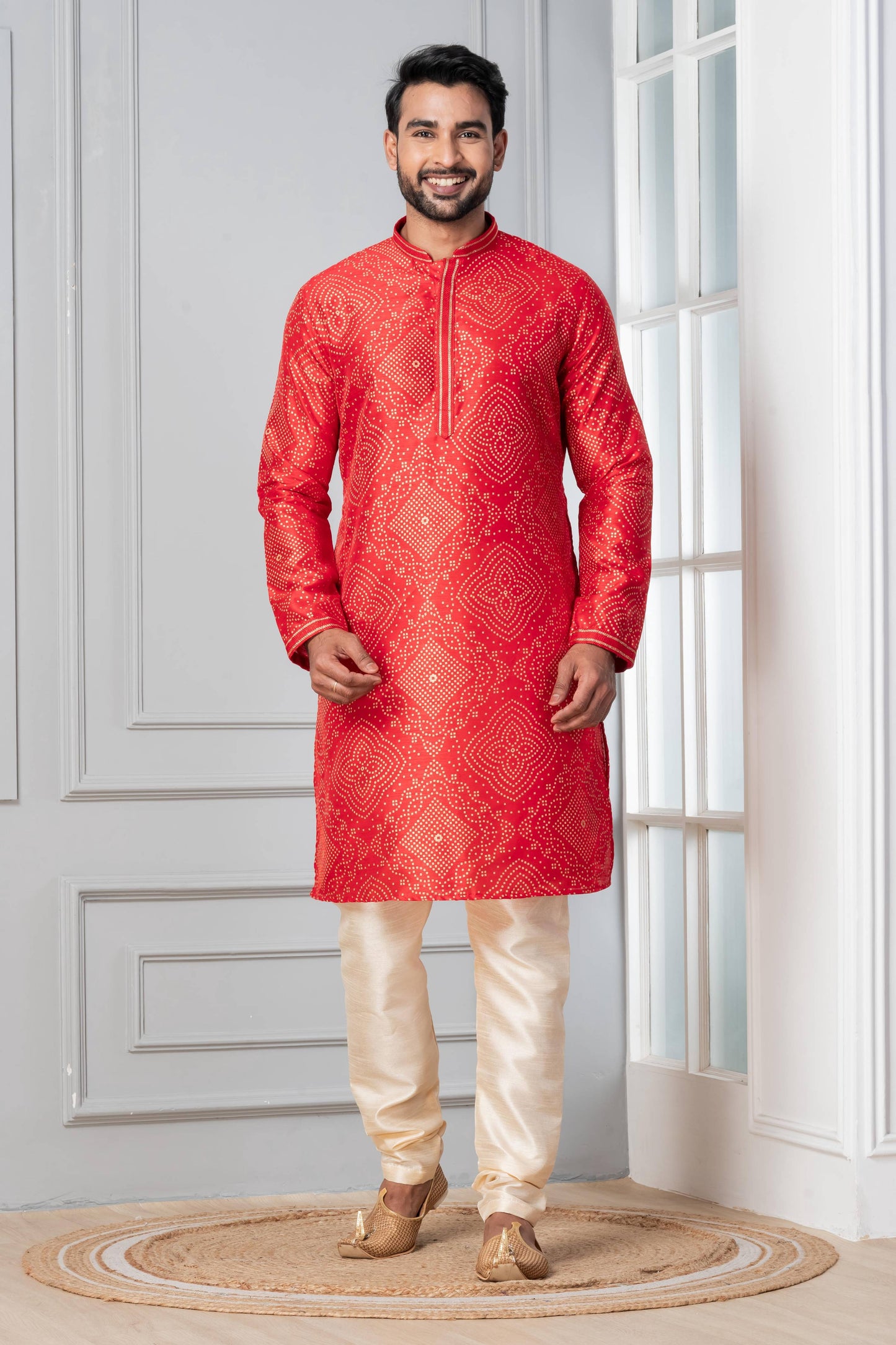 Zavaya Men Red Printed Banarasi Silk Kurta