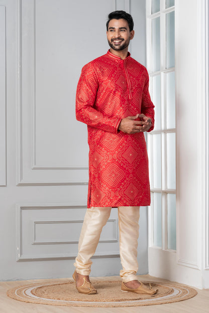 Zavaya Men Red Printed Banarasi Silk Kurta