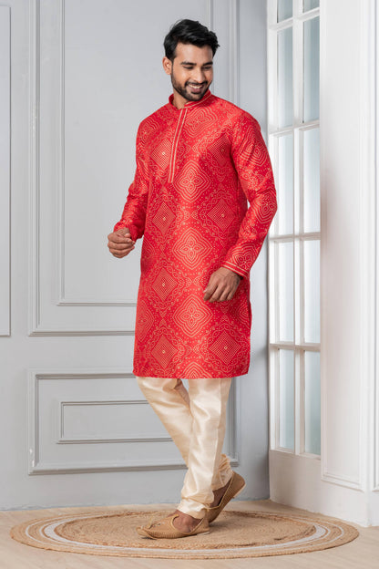 Zavaya Men Red Printed Banarasi Silk Kurta