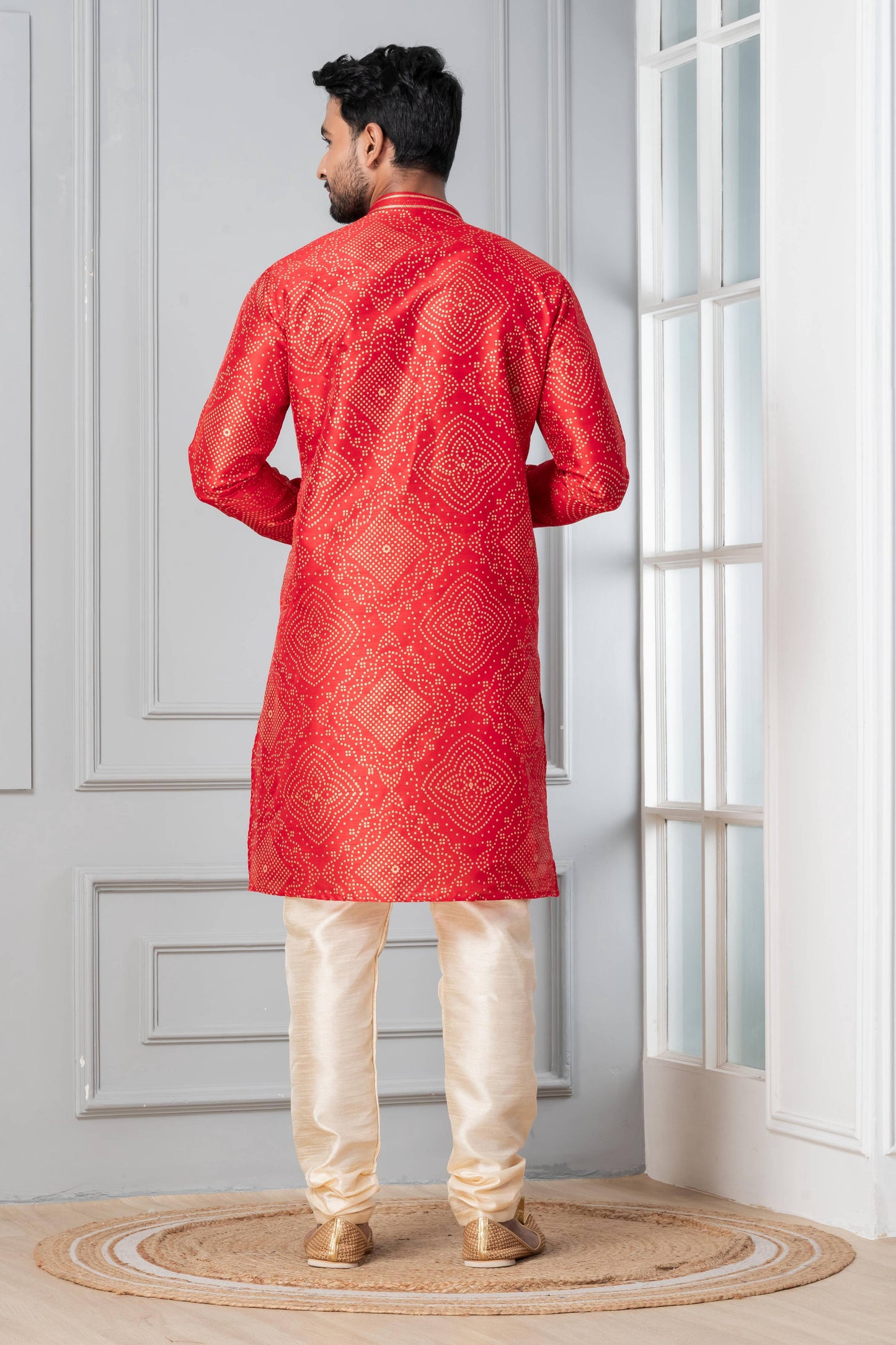 Zavaya Men Red Printed Banarasi Silk Kurta