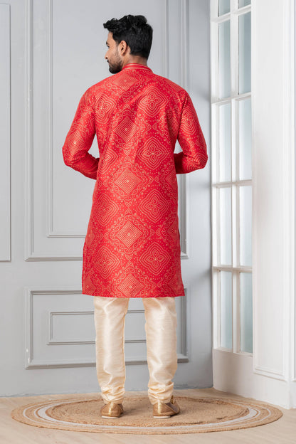 Zavaya Men Red Printed Banarasi Silk Kurta