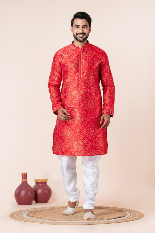 Zavaya Men Red Printed Banarasi Silk Kurta Churidar Set