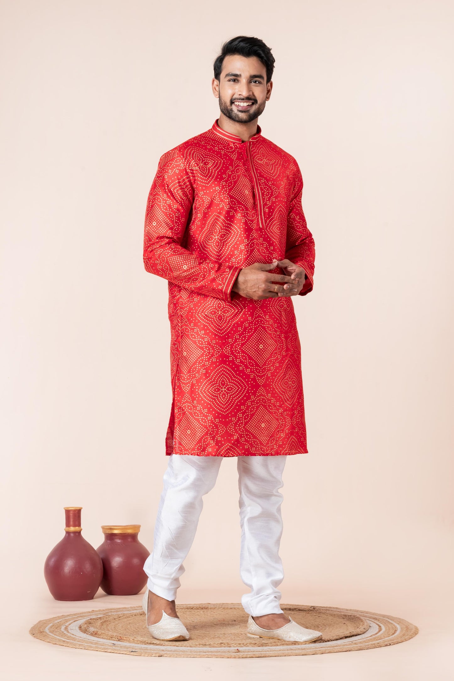 Zavaya Men Red Printed Banarasi Silk Kurta Churidar Set