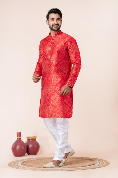 Zavaya Men Red Printed Banarasi Silk Kurta Churidar Set