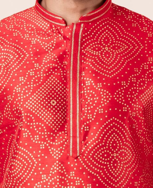 Zavaya Men Red Printed Banarasi Silk Kurta Churidar Set