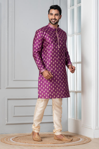 Zavaya Men Purple Printed Banarasi Silk Kurta Churidar Set