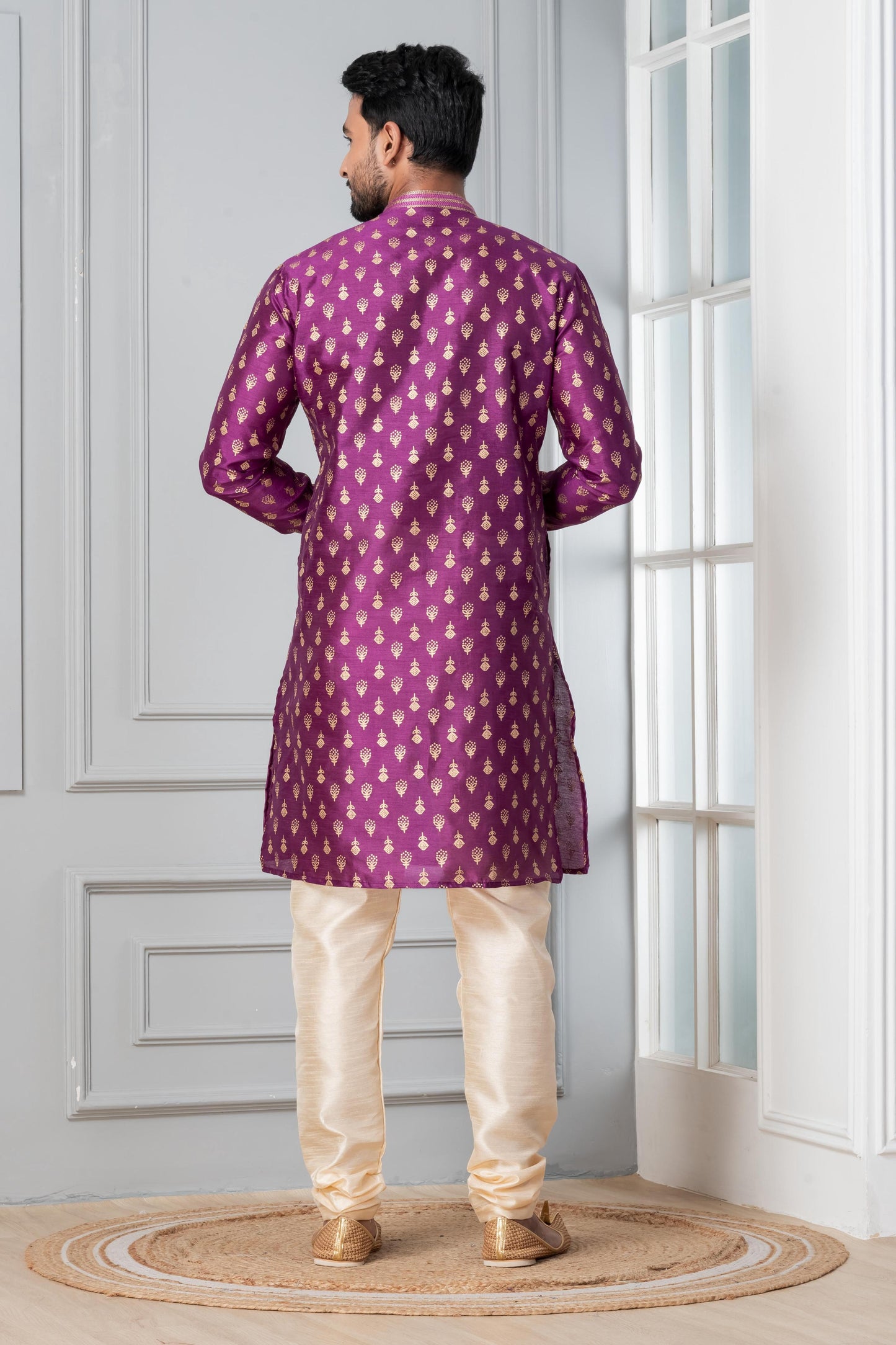 Zavaya Men Purple Printed Banarasi Silk Kurta Churidar Set