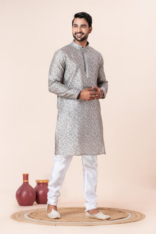 Zavaya Men Grey Printed Banarasi Silk Kurta