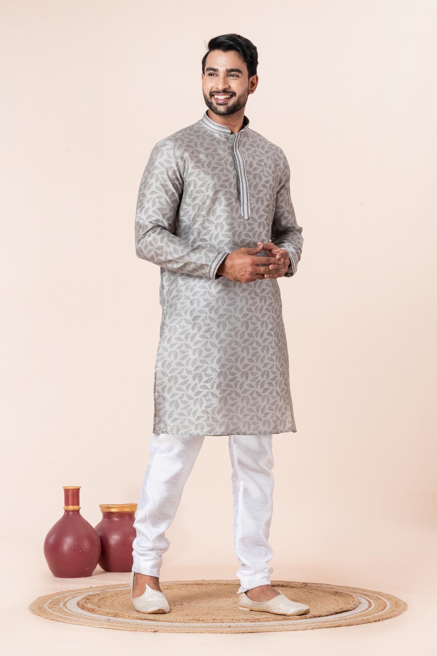 Zavaya Men Grey Printed Banarasi Silk Kurta Churidar Set
