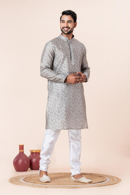 Zavaya Men Grey Printed Banarasi Silk Kurta Churidar Set