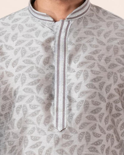 Zavaya Men Grey Printed Banarasi Silk Kurta Churidar Set