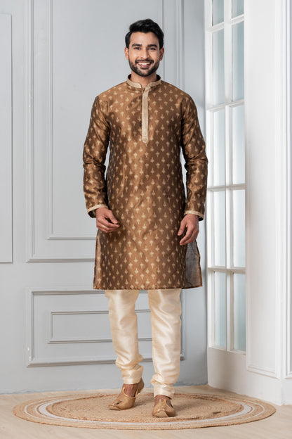 Zavaya Men Brown Printed Banarasi Silk Kurta