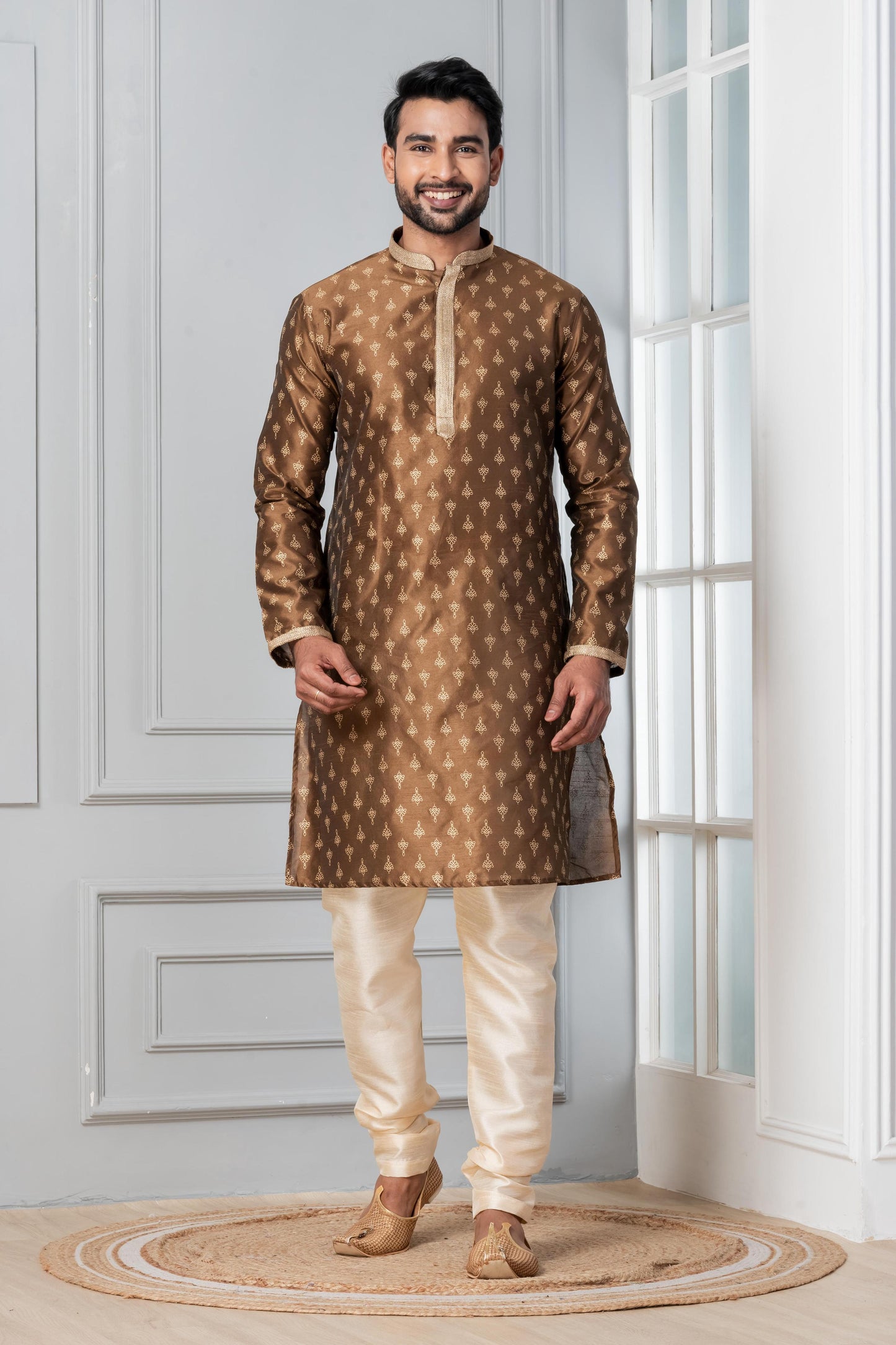 Zavaya Men Brown Printed Banarasi Silk Kurta Churidar Set