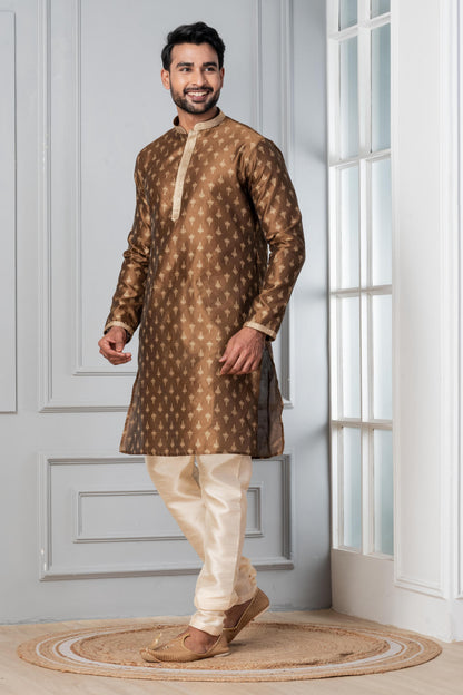Zavaya Men Brown Printed Banarasi Silk Kurta Churidar Set