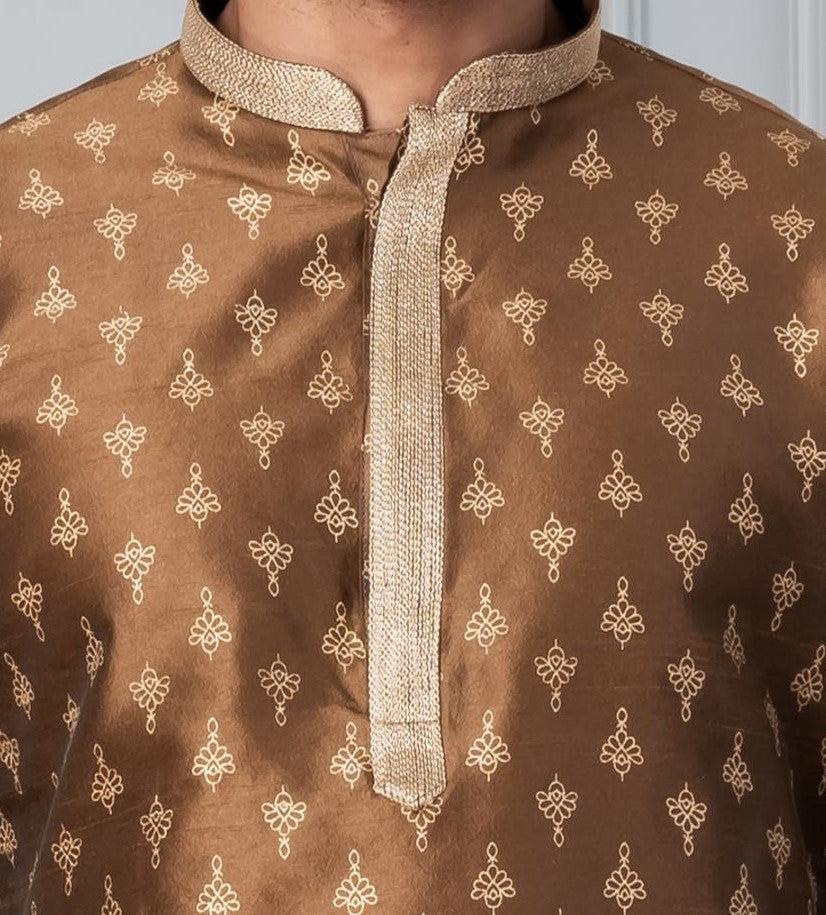Zavaya Men Brown Printed Banarasi Silk Kurta Churidar Set