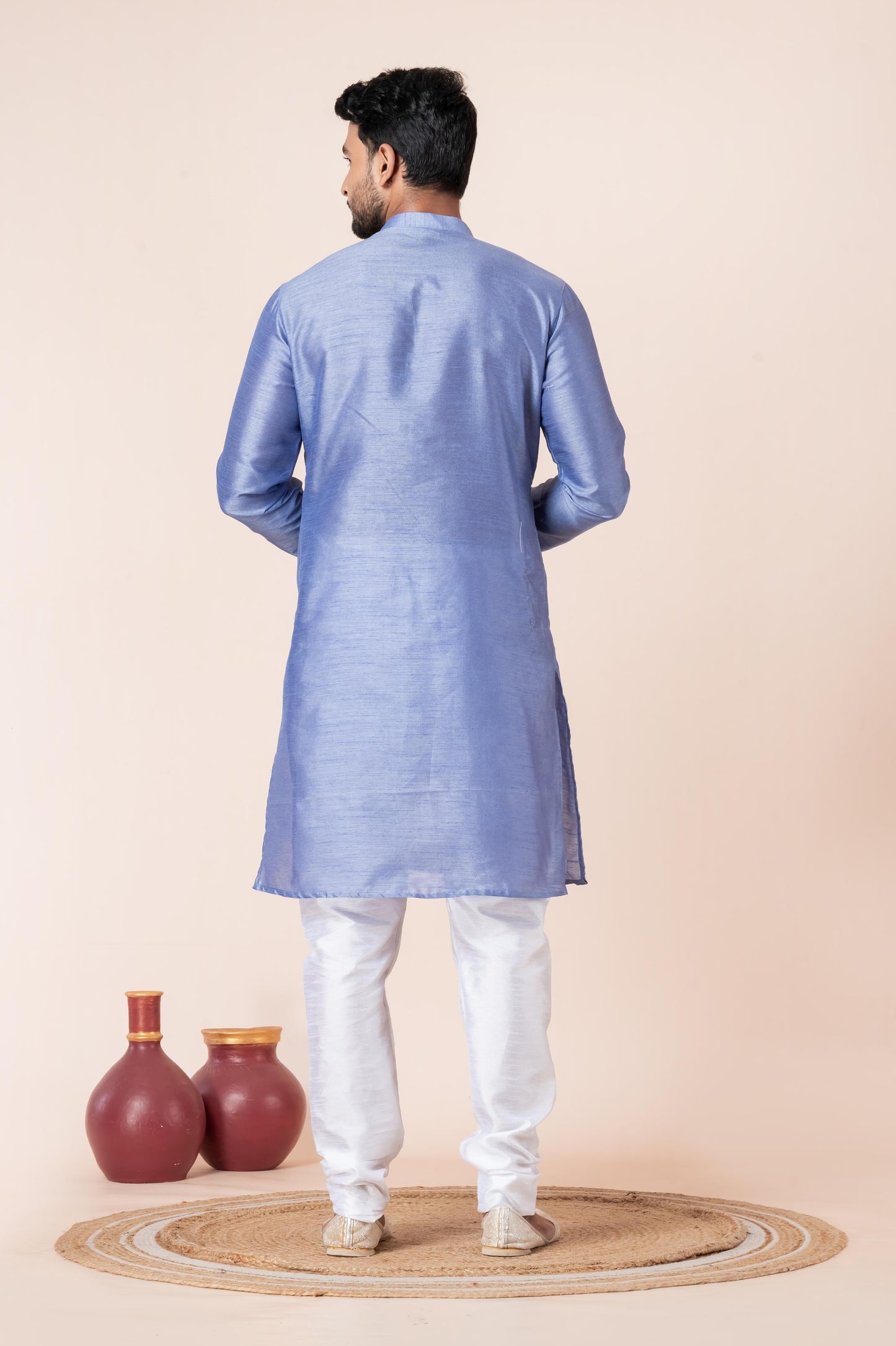 Zavaya Men Sky Blue Solid Banarasi Silk Kurta