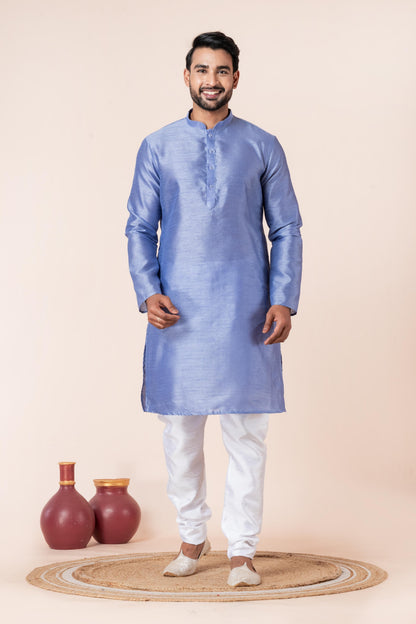 Zavaya Men Sky Blue Solid Banarasi Silk Kurta Churidar Set