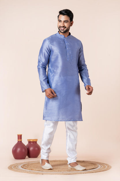 Zavaya Men Sky Blue Solid Banarasi Silk Kurta Churidar Set