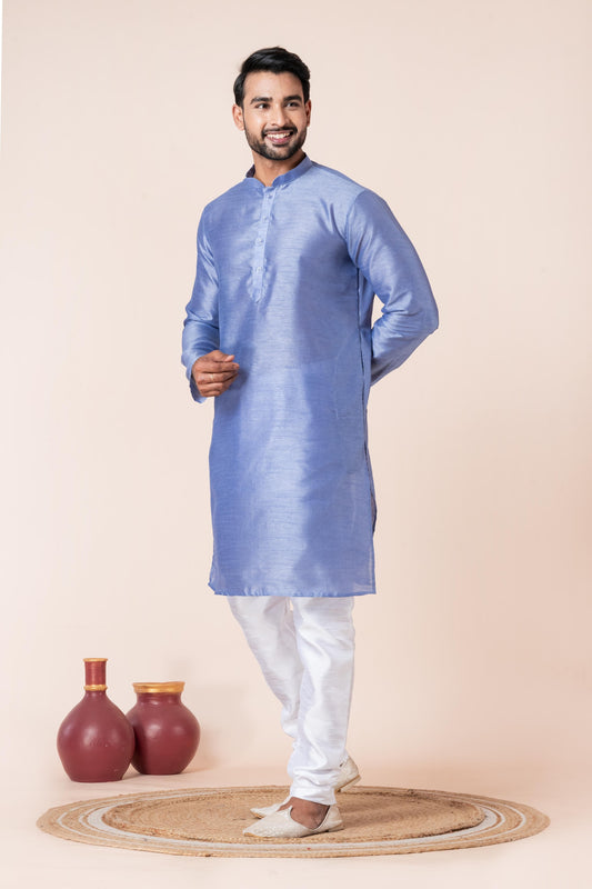Zavaya Men Sky Blue Solid Banarasi Silk Kurta Churidar Set