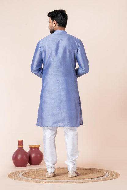 Zavaya Men Sky Blue Solid Banarasi Silk Kurta Churidar Set