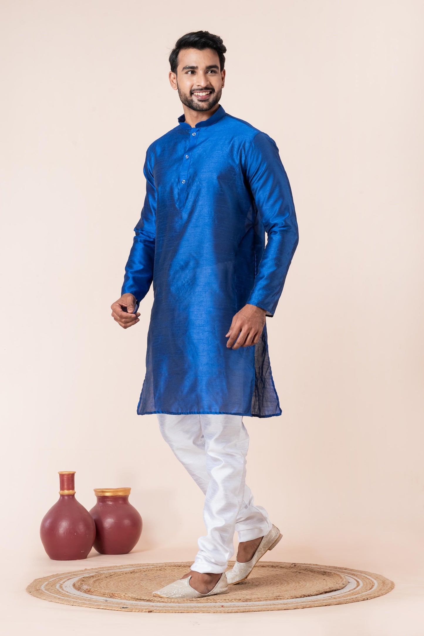 Zavaya Men Blue Solid Banarasi Silk Kurta Churidar Set