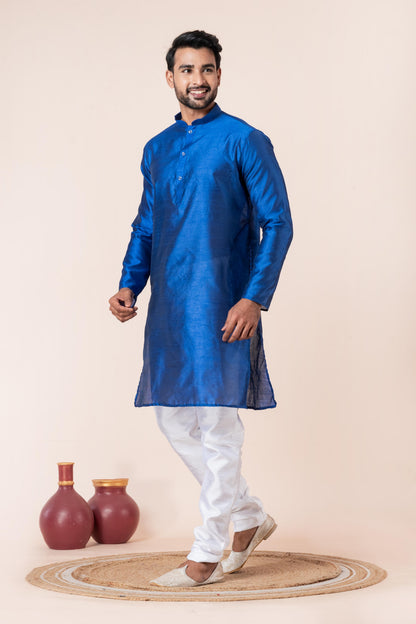 Zavaya Men Blue Solid Banarasi Silk Kurta Churidar Set