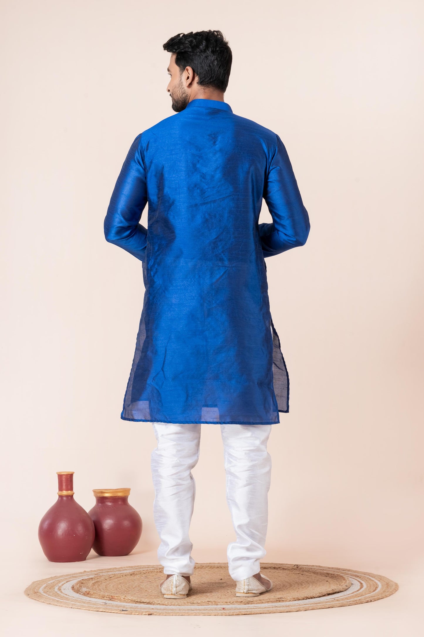 Zavaya Men Blue Solid Banarasi Silk Kurta Churidar Set
