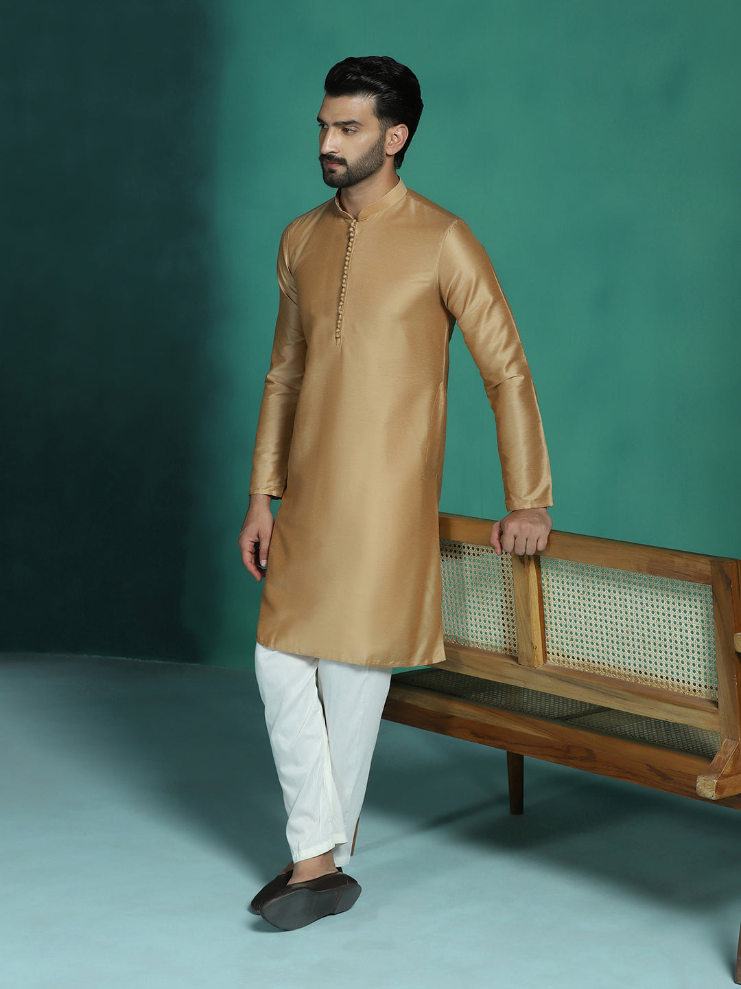 Zavaya Beige Plain Polyester Viscose Kurta Pyjama Set for Men