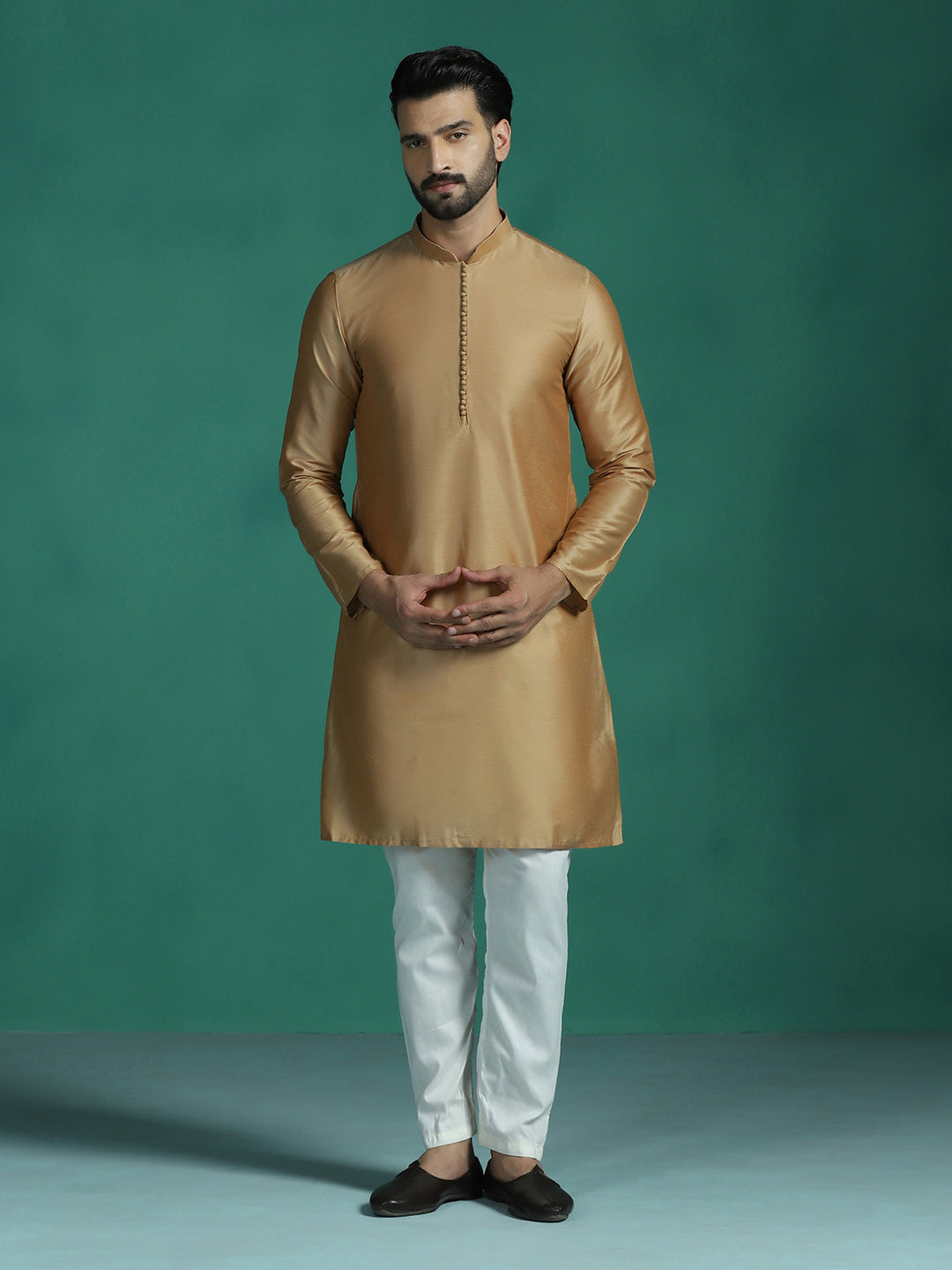 Zavaya Beige Plain Polyester Viscose Kurta Pyjama Set for Men