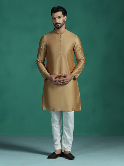 Zavaya Beige Plain Polyester Viscose Kurta Pyjama Set for Men