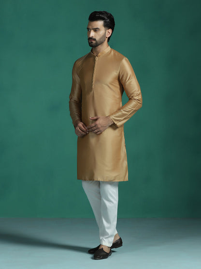 Zavaya Beige Plain Polyester Viscose Kurta Pyjama Set for Men