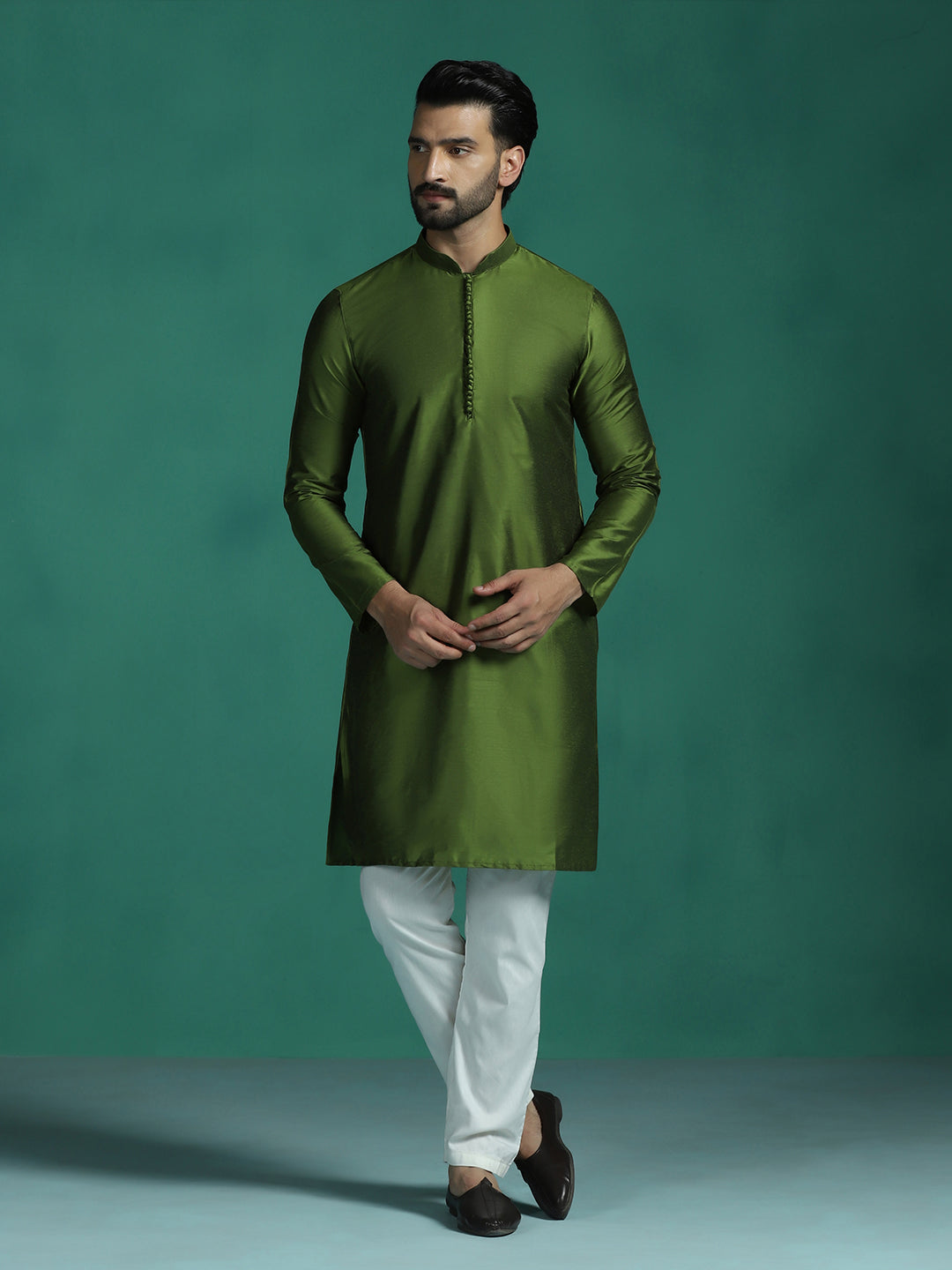 Zavaya Green Plain Polyester Viscose Kurta Pyjama Set for Men