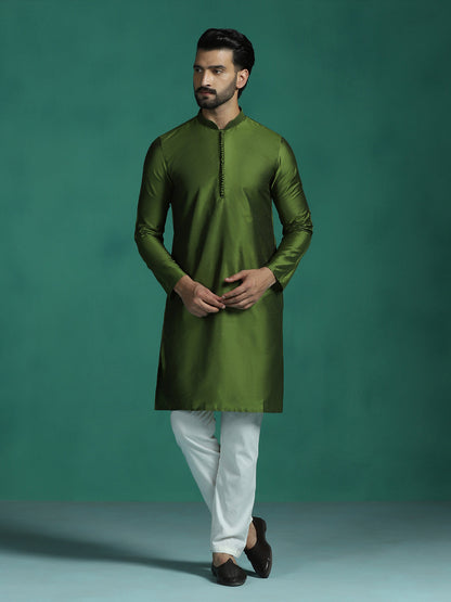 Zavaya Green Plain Polyester Viscose Kurta Pyjama Set for Men