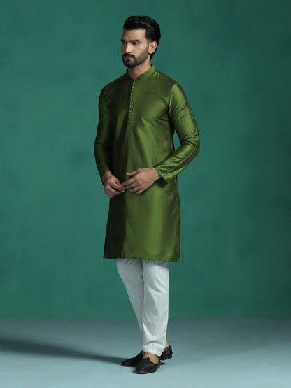 Zavaya Green Plain Polyester Viscose Kurta Pyjama Set for Men