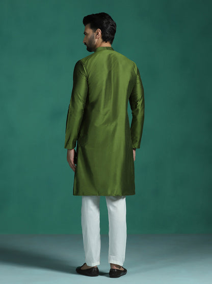 Zavaya Green Plain Polyester Viscose Kurta Pyjama Set for Men
