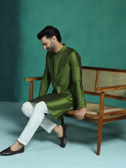 Zavaya Green Plain Polyester Viscose Kurta Pyjama Set for Men