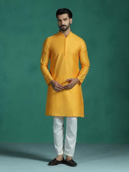Zavaya Yellow Plain Polyester Viscose Kurta Pyjama Set for Men
