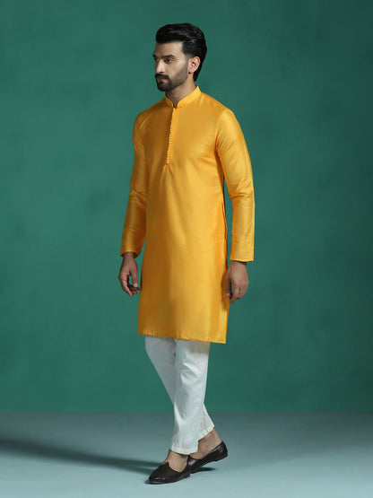 Zavaya Yellow Plain Polyester Viscose Kurta Pyjama Set for Men