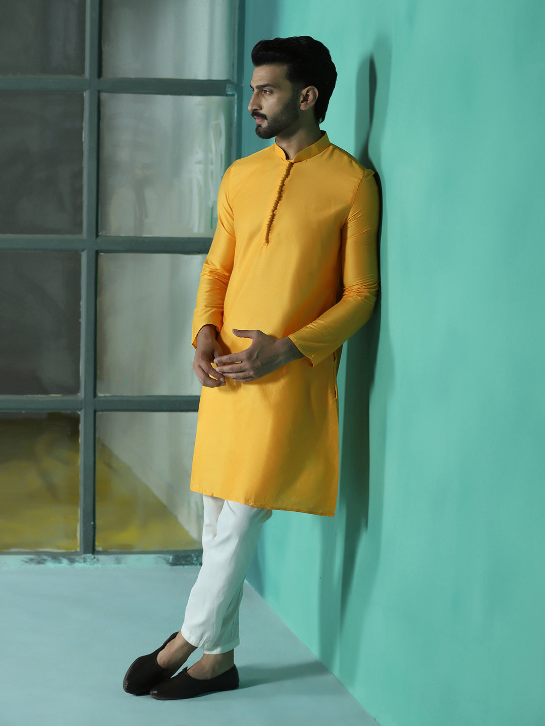Zavaya Yellow Plain Polyester Viscose Kurta Pyjama Set for Men