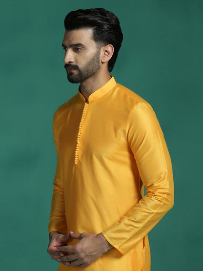 Zavaya Yellow Plain Polyester Viscose Kurta Pyjama Set for Men