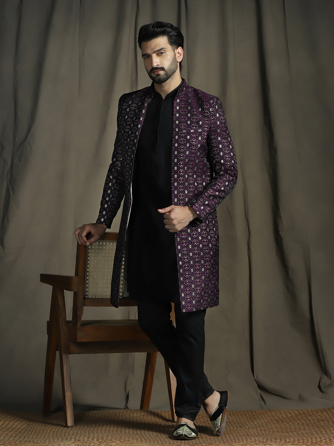 Zavaya Purple Embroidery Jacquard Kurta Sherwani Pyjama Set for Men
